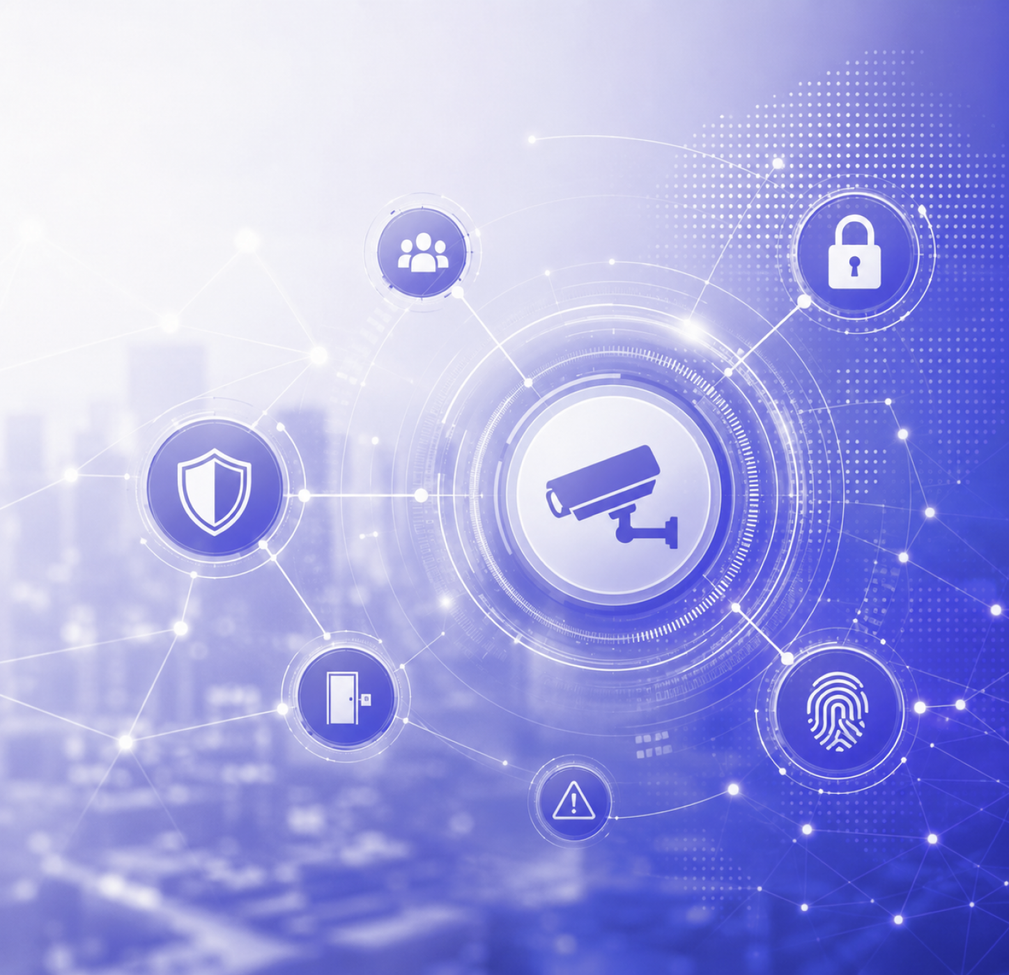 Integrated security technology — surveillance, access control, and identity systems connected across a smart city.