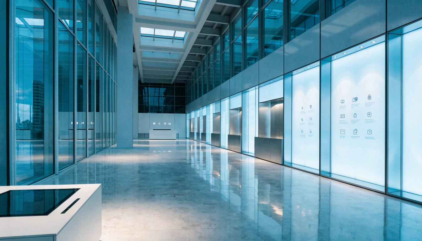A modern glass corridor in a secure facility.