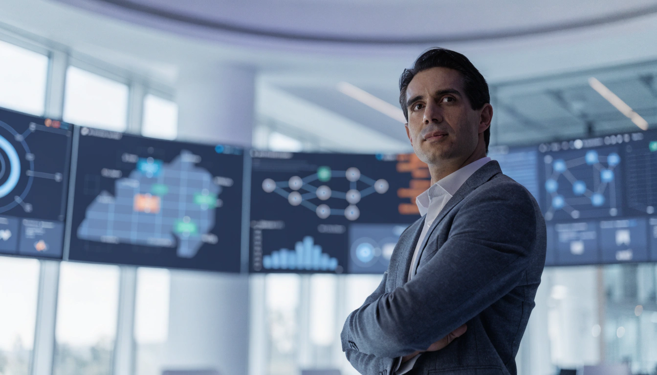A specialist standing before operational dashboards.