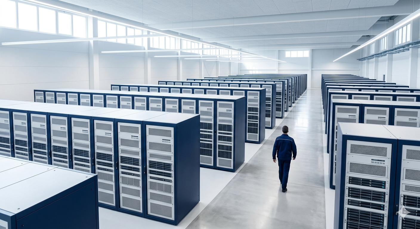 Rows of server racks in a large data centre.